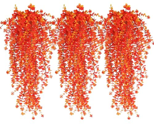 RECUTMS Autumn Artificial Hanging Plants Fall Eucalyptus Autumn Decorations | Faux Fall Hanging Vines Artificial Fall Flowers Faux Autumn Plants for Thanksgiving Indoor Outdoor House Wedding Party(Gold)