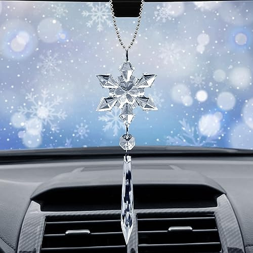 Christmas Ornaments Rear View Mirror Pendant - Acrylic Car Decorations Hanging Accessories (Hexagonal Snowflake Icicle)