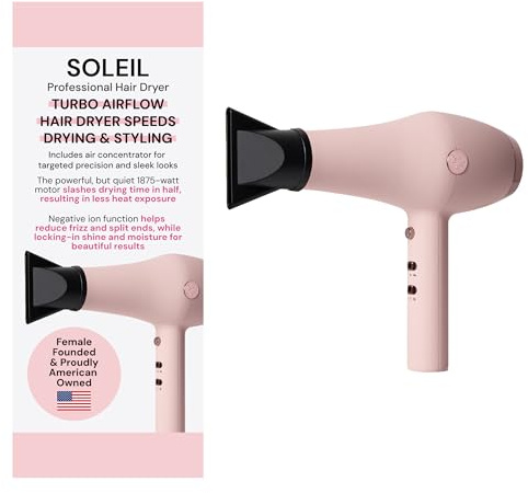 L’Ange Hair Soleil Professional Hair Dryer | Fast Drying Ionic Blow Dryer for Frizz-Free Results | 3 Heat Settings with Cool Shot Feature | Lightweight Hairdryer with Concentrator 1875W | Blush