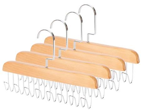4 Pack Wooden Belt Hanger for Closet, Anti Slip Multi Hook Coat Rack Bra Hanger with 8 Hooks, Closet Accessories Organizer Hooks for Belts, Ties, Scarfs, Bras, Camisoles (Wood Color)