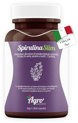 AGROINIZIATIVE SPIRULINA SLIM 100 Cps Alga Spirulina Biologica Drenante Efficace Senza Iodio E Caffeina Spirulina Detox Effetto Sazietà Con Zenzero Acetil L-Carnitina E Greenselect PRODOTTA IN ITALIA