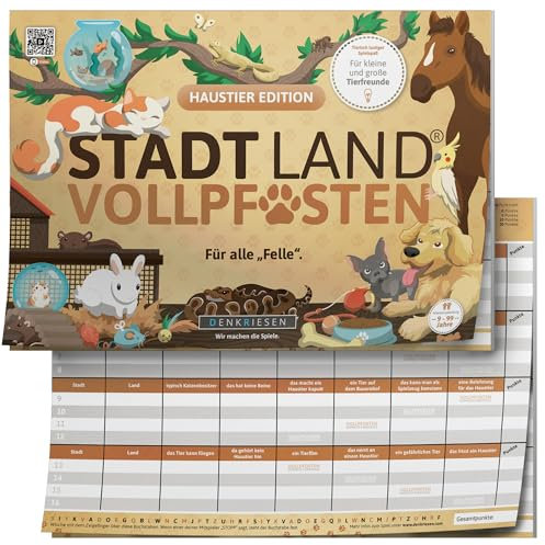 DENKRIESEN - Stadt Land VOLLPFOSTEN® - Haustier Edition | DIN A4 Spielblock | Ab 9 Jahren | ab 2 Spieler | Stadt Land Fluss | Familienspiel | Spielblock für Tierfreunde | Perfekt für Partys