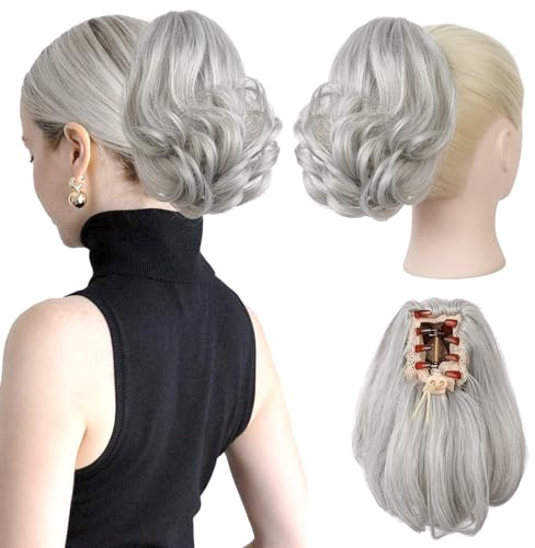 Flufymooz Ponytail Extension, 20cm, kurze Krallen Pferdeschwanz Verlängerung, gewellter, lockiger Kiefer synthetisches Haarteil für Frauen (Silbergrau)