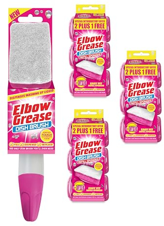 Washing Up Brush with Liquid Dispenser with Refill Sponges in PINK - Effortless Dish Cleaning and Surface Care by Elbow Grease (Pink, 1 Dish Brush + 9 Refill Sponges)