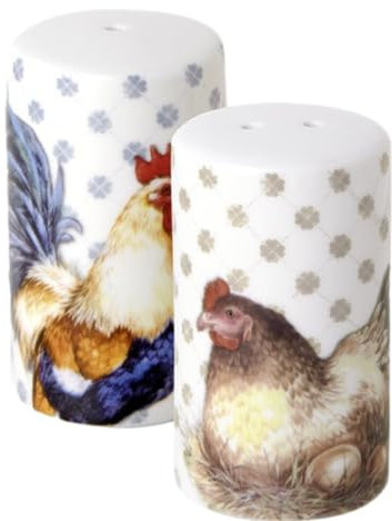 Farmyard Themed Porcelain Cockerel & Hen Cruet Set - Salt & Pepper Pots/Shakers - 6 cm
