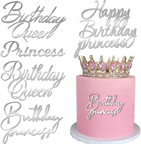 IPEWOEF 5Pcs Silver Happy Birthday Princess Cake Toppers for Women, Queen Acrylic Cake Topper Decorations, Princess Party Decorations