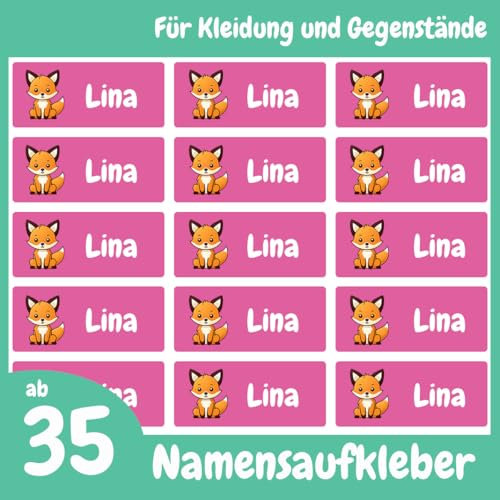 Etiketten mit Fuchs-Motiv für Trinkflasche & Co (35 Sticker) – Namensetiketten für deine Flasche oder Brotdose – Geeignet für die Waschmaschine, Spülmaschine, Geschirrspüler – 30 x 13 mm