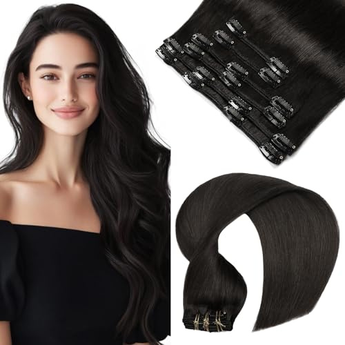 VINBAO Clip in Extensions Echthaar Natürliches Schwarzes Echtes Menschliches Haar Verlängerung Gerade Remy Menschliches Haar Clip in 14 Zoll Nahtloses Haar 100g 6Stück (#1B,35cm)