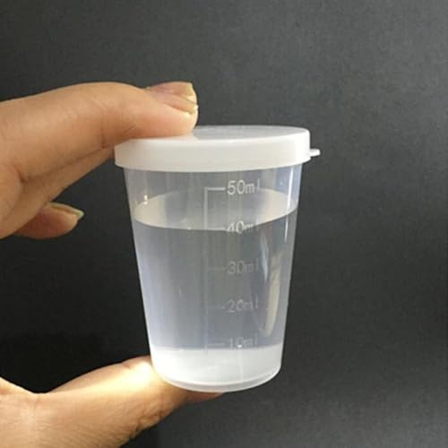 Vasos medidores líquidos de plástico de 50 ml, mini vasos de medicina de cocina con tapas transparentes para laboratorios graduados, herramienta de medición de laboratorio en casa