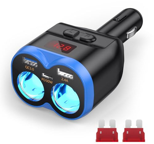 NEUTYPECHIC Allume Cigare Adaptateur 2 Prise, USB C Chargeur De Voiture 5 en 1, 12V/24V PD QC 3.0, 180 W avec Interrupteur voltmètre LED, pour Téléphones Tablettes et Enregistreurs de Conduite GPS