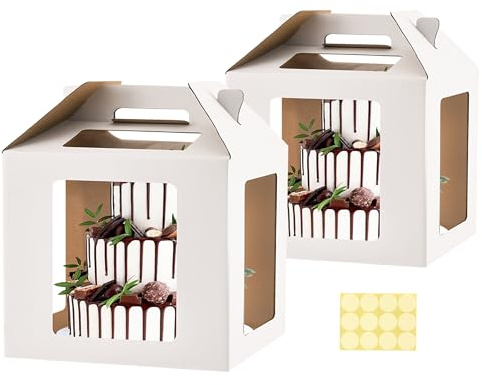 XININSUN Tall Cake Boxes for Tier Cakes 14x14x14 Inch Tall Cake Carrier with 6 Windows,Large Tierd Cake Take Out Transport Containers with Handle for Wedding, Birthday, Party-2Pack