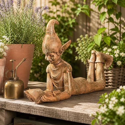 Marco Paul Large Reading Elf Garden Ornament 37cm Rustic Bronze Effect Resin Elf Statue Lying Down with Book Weatherproof Indoor Outdoor Garden Fairy Elf Figurine Decoration Fairy Garden Decor Elf