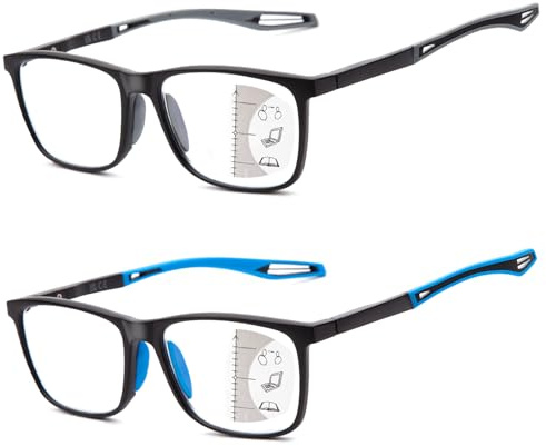 Amorays 2 Pack Gleitsichtbrille Progressive Multifokus Lesebrille für Herren und Damen, Sportliches Design und flexible Lesebrillen mit Anti-Blaulicht DJ8090