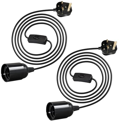 E27 Light Bulb Holder with Plug and Switch, 2 Pcs Black Suspended Pendant Light Fitting with 450 cm Plug in Cord, Plug in Hanging Lamp Kit, Plug in Ceiling Light Fixture for Bedroom (Without Bulb)