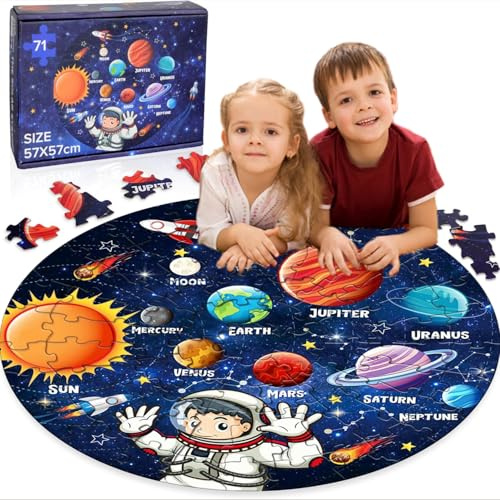 Giant Solar System Puzzle for Kids - 71 Piece Round Floor Jigsaw with Planets | STEM Astronomy Learning Toy for Ages 3-8 | Big Children's Educational Gift