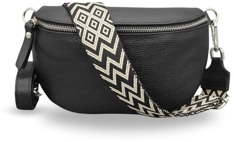 Adel Bags EMMA Silber Bauchtasche Echtleder Handgefertigt Crossbody Bag | Damen Umhängetasche, Echtes Leder, Schultertasche mit Ledergurt & wahlweise gemustertem Riemen, 2 Fächer, Made in Italy