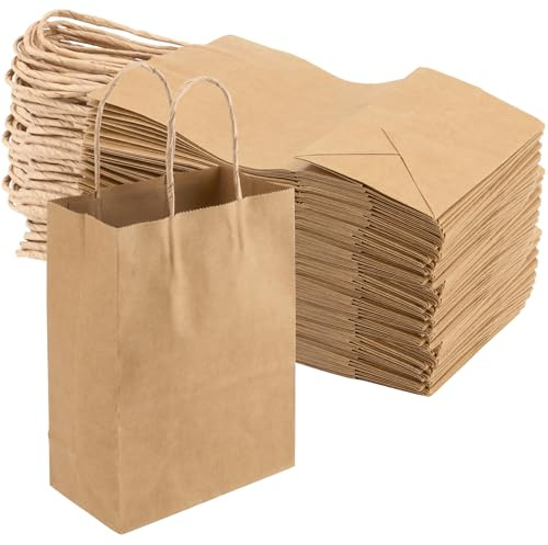 MOUYAT 100 st 15 x 8 x 21 cm små bruna papperspåsar med handtag, kraftpapper presentpåsar med handtag, liten bärväska för detaljhandelsvaror, bröllop, påsk, födelsedagsfest