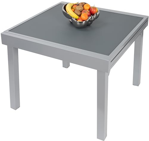 ib style Gartentisch Diplomat, Ausziehbar 90-180 cm, Outdoor, Aluminium Esstisch, Balkonmöbel, Gartenmöbel, Tischplatte aus Sicherheits Glas, Silber Anti Fingerprint