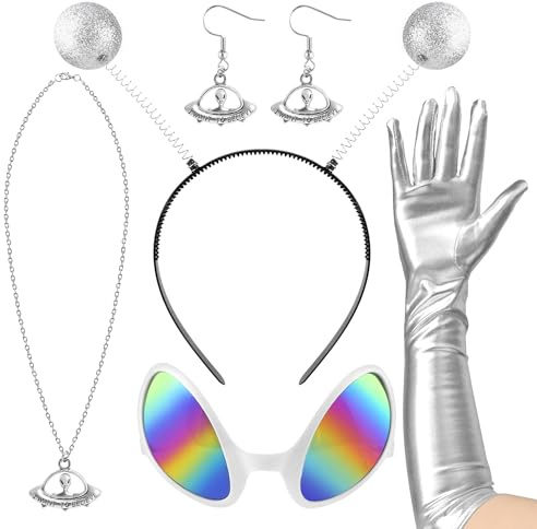 5 Stück Karneval Alien Space Kostüm Damen Set Mit Alien Haarreif, Handschuhe Silber, Halsketten, Ohrstecker Und Karneval Partybrille Für Damen Halloween Cosplay Maskerade