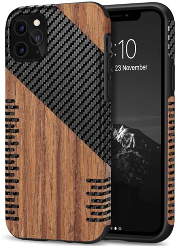 TENDLIN Coque Compatible avec iPhone 11 Pro Etui Hybride en Bois et Carbone et Cuir Compatible avec iPhone 11 Pro (Twill)