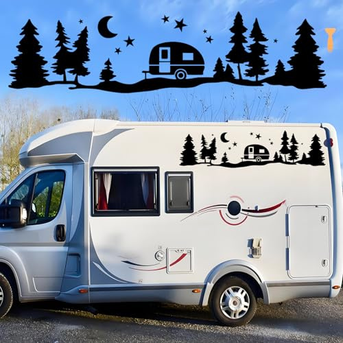 Wohnmobil Stern Mond Baum Vinyl AutoAufkleber Camping Waldlandschaft Aufkleber Wald Camping Großer abnehmbarer wasserdichter Aufkleber für Wohnmobil Wohnwagen Jeep SUV Anhänger Karosserie Abziehbild