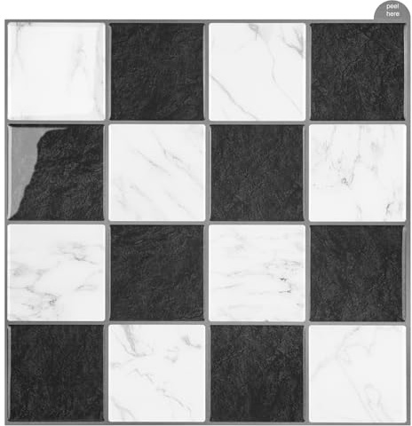 WalDecoo Quadratische Fliesen zum Aufkleben für Küche, 3D-Mosaikfliesenaufkleber, 10 Stück, zum Abziehen und Aufkleben, Wandfliesenrückwand, Schwarze Transferfliesenaufkleber für Küche und Badezimmer