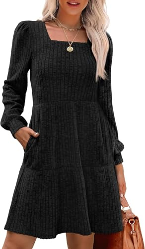 TrendiMax Damen Langarm Pullover Kleid Herbst Winter Freizeitkleid Knielang Strickkleid Casual Bequem Herbstkleid mit Taschen (M, Schwarz)