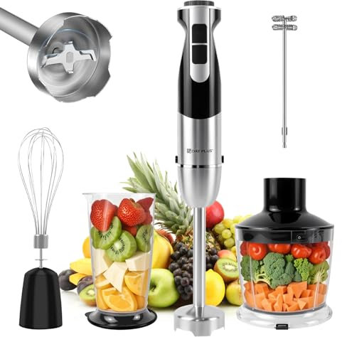 Stainless Steel Hand Blender for Kitchen, 5-in-1 Electric Stick Blender with 12-Speed & Turbo Mode, Immersion Blender Handheld with Whisk, Milk Frother, 600ml Beaker, 500ml Chopper For Soup Smoothies
