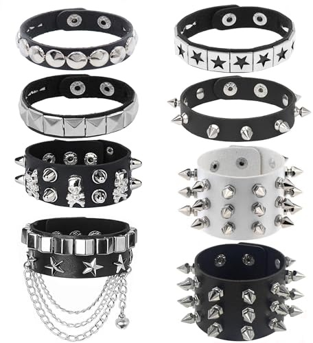 Cagzzee Nieten-Armband mit Stacheln – schwarze Punk-Nietenarmbänder, für Herren und Damen, Nieten, Punk-Armband, Manschette, Wickelarmreif, 8 Stück