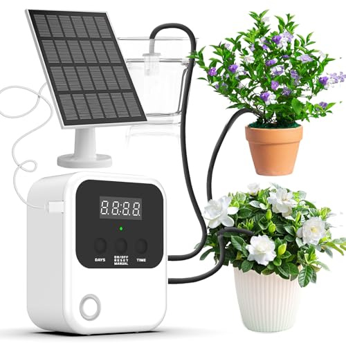 Sistema de Riego Solar para Jardín Alouweekuky, Kit Riego por Goteo Solar con 15 Micro Cabezales de Goteo, Riego por Goteo Automatico para Vacaciones Terrazas de Balcones Invernaderos Macetas Plantas