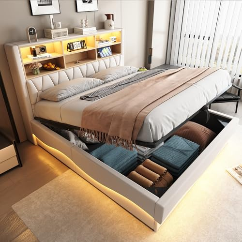 RIAZOS Polsterbett 180x200 cm, Doppelbett mit Hydraulischem Stauraum, Kopfteil mit LED USB und Staufach, Bettsgell mit Lattenrost, Leinen, ohne Matratze, Beige