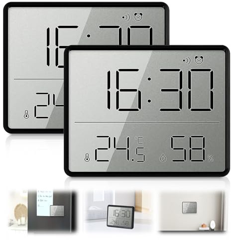 Termómetro higrómetro digital, 2 unidades Termómetro Higrómetro Interior, LCD Pequeño Reloj de Pared Digital, Termómetro Higrómetro Digital, 12/24 Horas ℃/℉ Soporte de Batería para Hogar Oficina