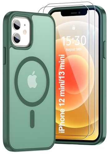 Pilaru Magnetic Case for iPhone 12 Mini/13 Mini [Compatible with MagSafe] 2X Screen Protector | Anti-Fingerprint, Shockproof, Skin-friendly Slim Fit Translucent for iPhone 12/13 Mini-Dark Green