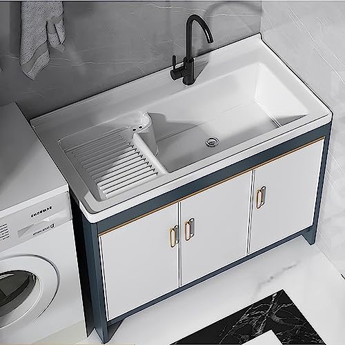 Lavandino autoportante con mobiletto e lavabo in ceramica, stazione di lavaggio completa per interni ed esterni, perfetto per lavanderia, bagno, garage, rubinetto incluso