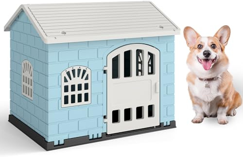 COSTWAY Hundkoja utomhus, väderbeständigt hundhus med sadeltak, låsbar dörr och 3 fönster, husdjurshus för små och medelstora hundar och katter, hundbur inomhus, 75 x 58 x 65 cm (blå)