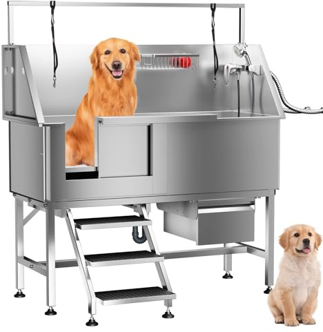 Pohadr Dog Washing Station 46 Dog Grooming Tub with Left Stair& Faucet, Stainless Steel Dog Bathing Station for Home,Dog Bathtub for Large,Medium,Small Pets