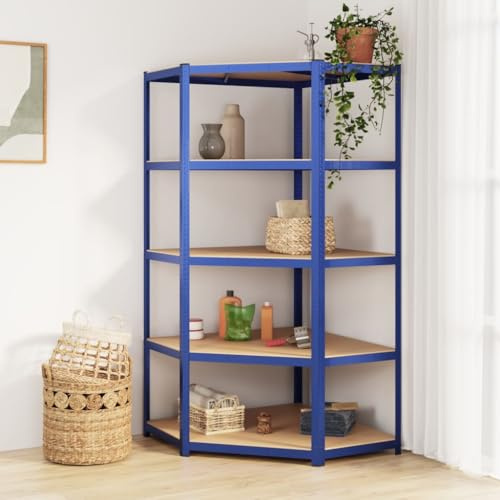 Mokuyary Eckregal mit 5 Böden Blau Stahl & Holzwerkstoff Schwerlastregal Kellerregal Lagerregal, Regal Werkstattregal für Wohnzimmer, Schlafzimmer, Küche
