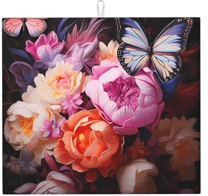 WHJSHOP Butterflies and Fresh Bush Printed Kitchen Countertop Absorbent Pad: Anti-Slip, Reversible Dish Drying Mat Gift for New Homes, Renovations, Christmas, Mother's Day, Birthdays