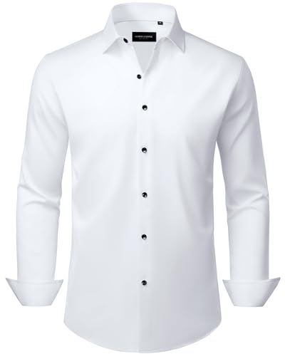 Alimens & Gentle White Shirts for Men Adult Long Sleeve Stretch Business Casual Regular Fit Button Down Dress Shirts L