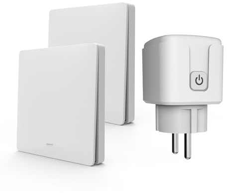 KADMOS Funksteckdose mit Fernbedienung Set (Batterielos), Selbstversorgender 433MHz Funkschalter & Steckdose, 3500W, Kabelloser Schalter für Lampen & Elektrogeräte (Weiß, 2 Schalter + 1 Steckdose)