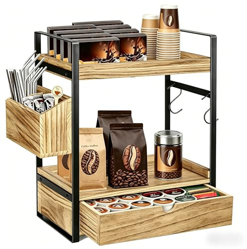 Coffee Station Organizer with Drawer, 3-Tier Wooden Countertop Storage Rack for Kitchen, Tea Bag Holder & Mug Hooks, Coffee Bar Accessories Organiser for Home Office