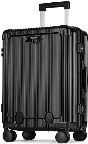 POSH Handbagage resväska med 17 tums laptopfack och aluminiumram – polykarbonat hårdskal affärstrolley herrar TSA-spännesstängning, dryckesbägarhållare och resväskeskydd, svart, Mittelgroße L