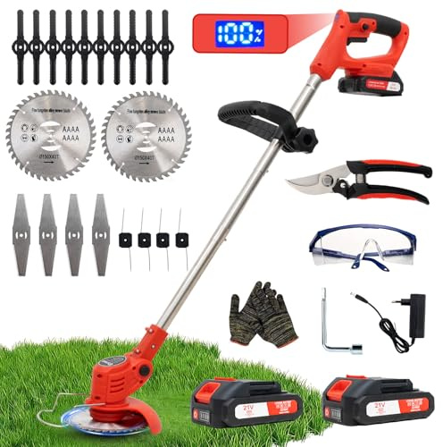 OUTIGO Desbrozadora a batería, desbrozadora eléctrica a batería, Equipada con 2 baterías y 4 Cuchillas, cortacésped Plegable de 800 W, Adecuado para Cortar el césped de Jardines y arbustos