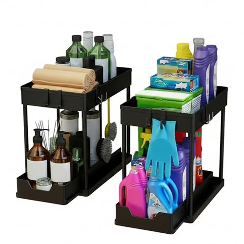 Zynthal Under Sink Organiser 2 Pack, 2 Tier Pull Out Kitchen Cupboard Storage with Hooks, Bathroom Cabinet Shelf Rack for Cleaning Supplies, Toiletries and Home Organisation, Black