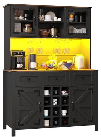 Httcg Küchenschrank Hochschrank mit LED Licht und USB Steckdose, Küchenbuffet Buffetschrank mit 4 Türen und Schubladen, Highboard Sideboard Schrank Schwarz mit Schubladen und Weinregal, 120x40x170 cm