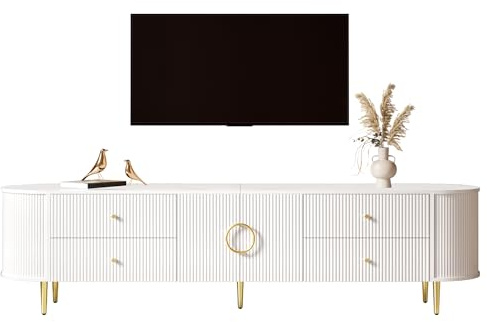 HAINEW Oval TV-skåp Lowboard med 4 lådor och 2 dörrar, TV-bord, TV-stativ, TV-skåp med avrunda hörn och metallhandtag, 180×40×53 cm, HD26052609 (Vit)