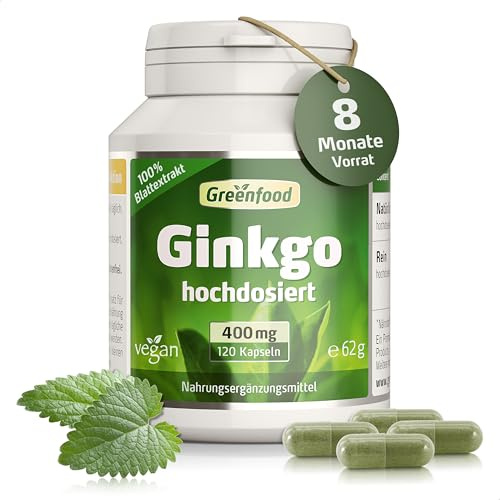 Ginkgo Biloba, 400 mg, hochdosiert, 120 Kapseln - OHNE künstliche Zusätze