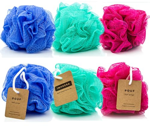 IMPRESA Mesh Bath & Shower Loofah Sponges - 5-Inch - Pack of 6 Gentle Exfoliating Body Scrubber & Bath Pouf - Home & Travel Loofah Pack - Durable Quick-Dry Shower Sponge