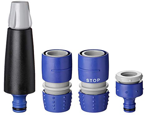 Tatay Kit de Riego Completo, Boquilla + 2 Conectores + Racor,Top line para Mangueras de 1/2(12.5mm), 5/8(15mm), Racor de Grifo Hembra 3/4 - 1/2,2 Posiciones,Fácil Instalación,Protección Solar,Azul