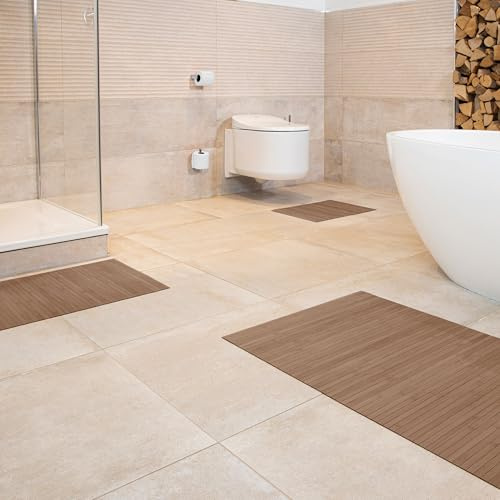 DE-COmmerce Bambus Badematte Lines im 3-er Set, Badteppich, Holzteppich, Bambusmatte, Badezimmer, rutschfest, Farbe: Taupe